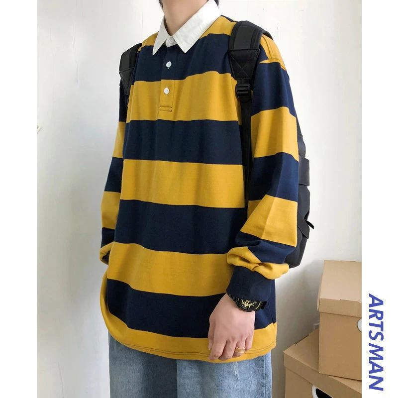 Sudadera de manga larga con estampado a rayas para hombre, ropa informal de gran tamaño, con solapa, a la moda, color amarillo y blanco, para Otoño