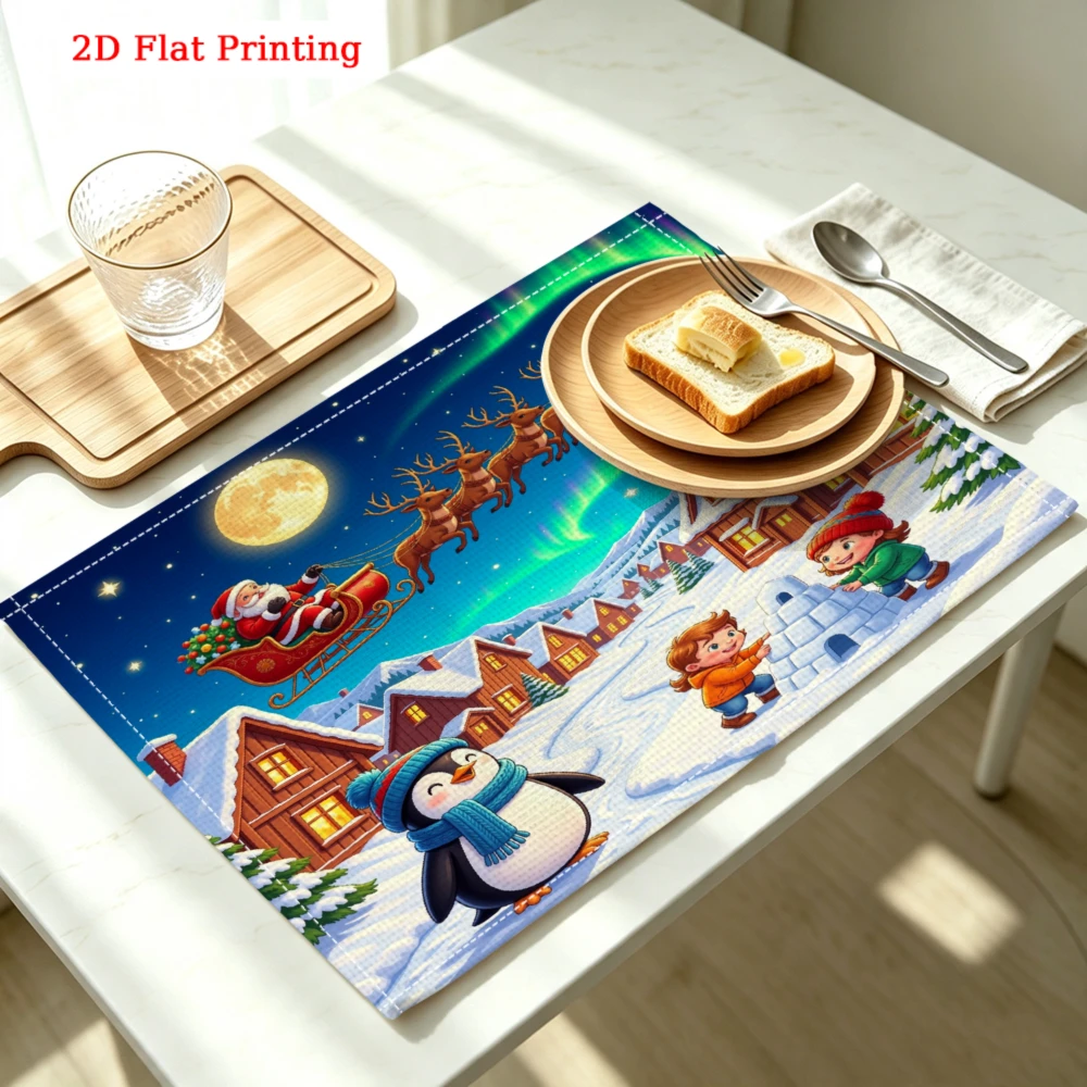 Santa Sleigh Aurora Winter Scene Kitchen Placemat Coaster Linen Pad Dish Coffee Cup Table Mat 30x40cm Home Decor