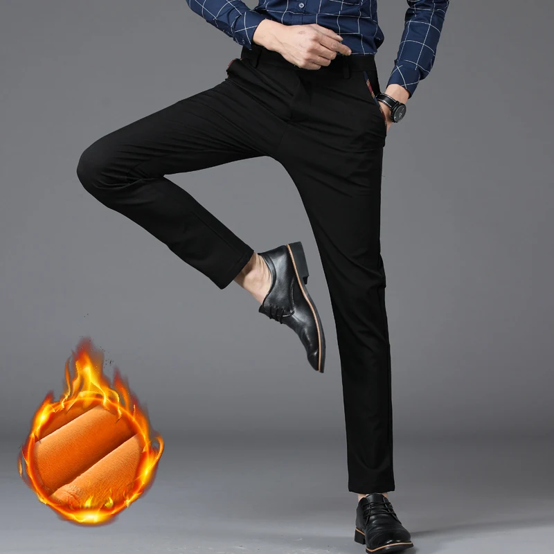 Winter Men's Warm Velvet Casual Pants Office Classic Fleece Thicken Trousers Stretch Straight Business Social Thermal Suit Pants
