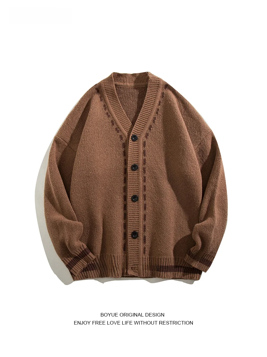 

Мужской свободный повседневный вязаный кардиган Boyue: зимний, однотонный, домашний, комфортный, с V-образным вырезом, длинными рукавами, на пуговицах