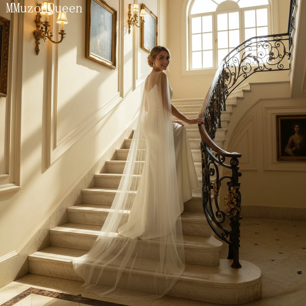 

TOPQUEEN Vg16 Long Train Shawl For Women Cape Wedding White Solid Color Bridal Jacket Ribbon Trim Shawl Customizable