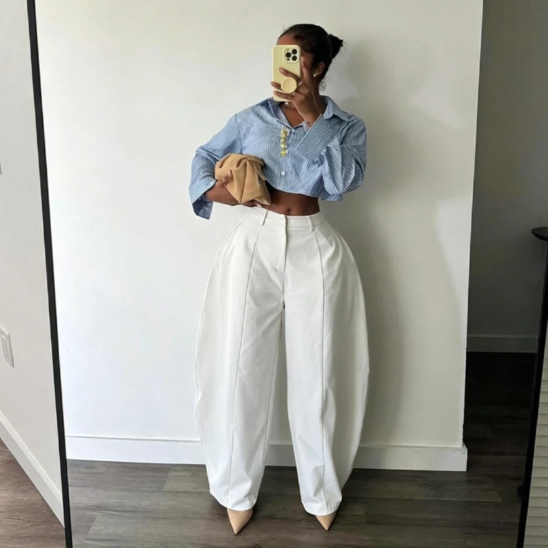 Autumn Women High Waist Barrel Wide Leg Pants Front Seam Straight Curved Baggy Trousers Casual Oversized Loose Balloon Pants