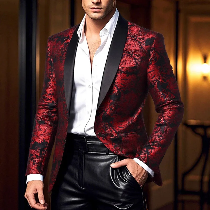 

New Men Gold Velvet Hot Stamping Printed Suit One Button Jacket Fashion Male Party/Wedding/Business Dress Floral Blazers