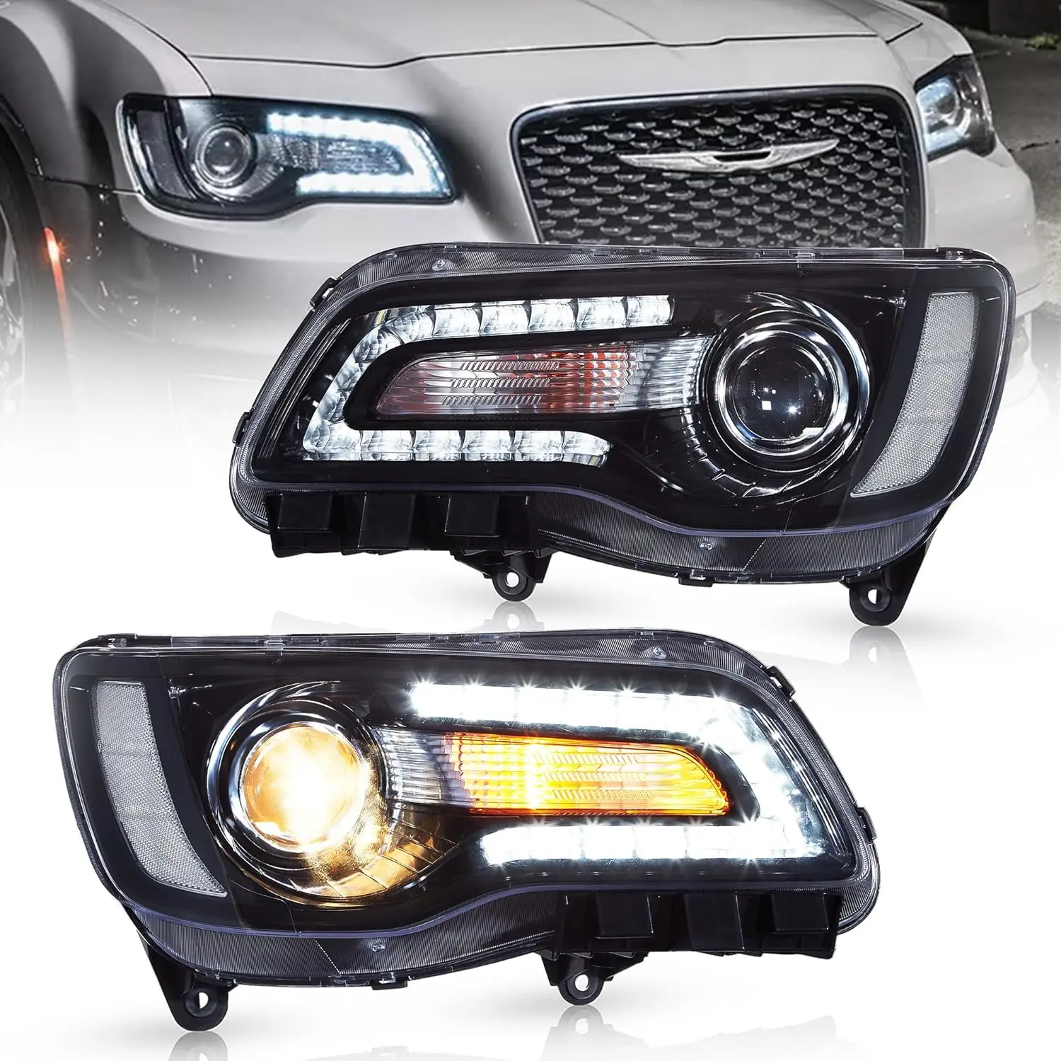 LED Front Headlight Assembly for 2011-2014 300/300C 2nd Gen LD Vehicles, Dual Beam, Requires 9005 Bulbs (Not Included)