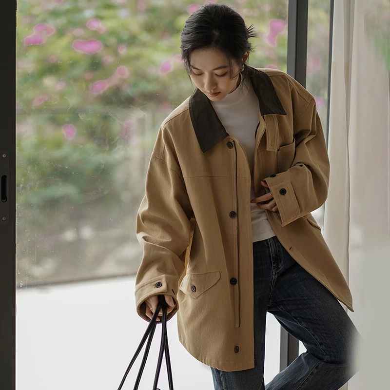 

Новинка! Женская свободная рабочая куртка в корейском стиле с воротником и цветными вставками, осенне-зимняя коллекция.