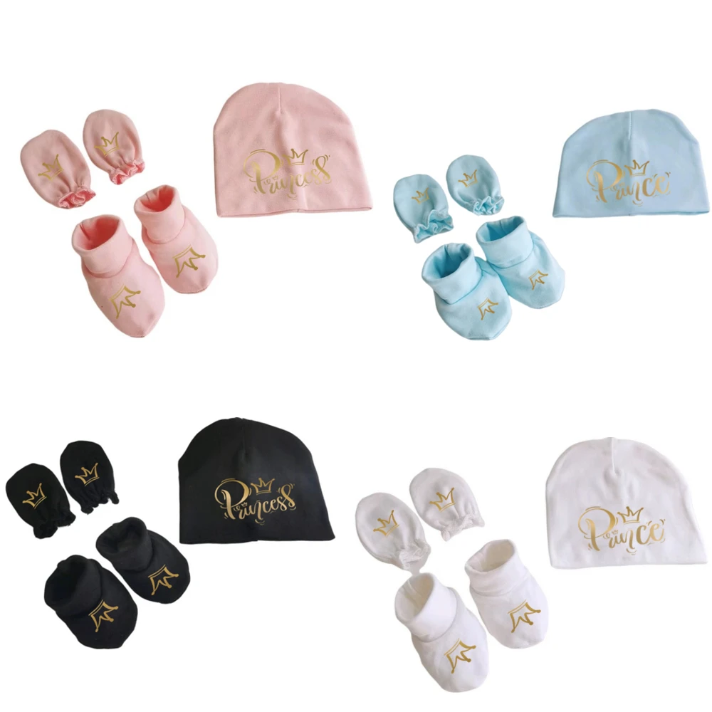 newborn baby hat set photography props cotton beanie with gloves foot covers letter  princess prince crown