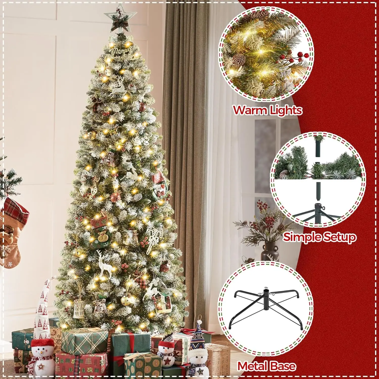 6ft Pre-lit Frosted Pencil Christmas Tree, Skinny Frosted Holiday Tree w/ 618 Tips, 200 Lights, Pine Cones, Metal Hinges & Base