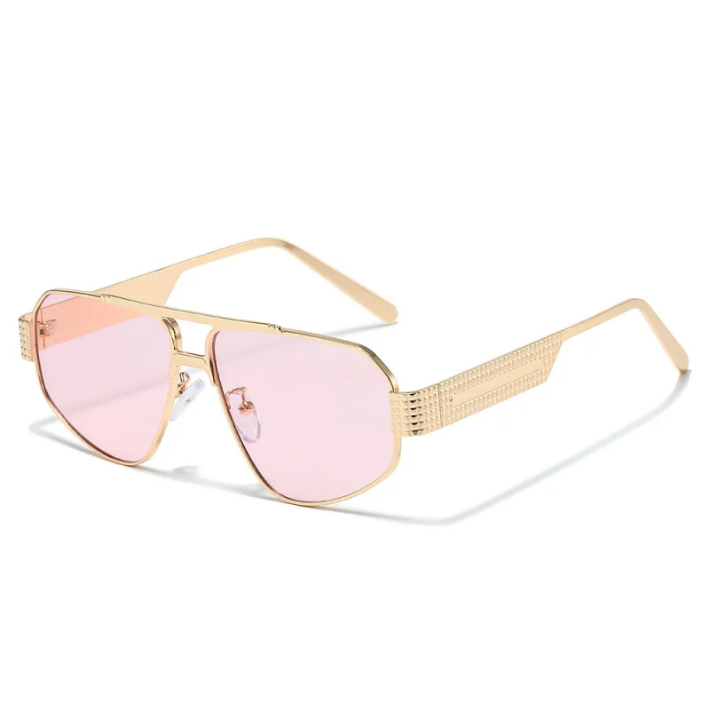Luxury Sunglasses Men Flat Top Stianless Steel Shield Craft Temple Hip Hop Street Cool Male Shades UV400 Brand Oculos Masculino