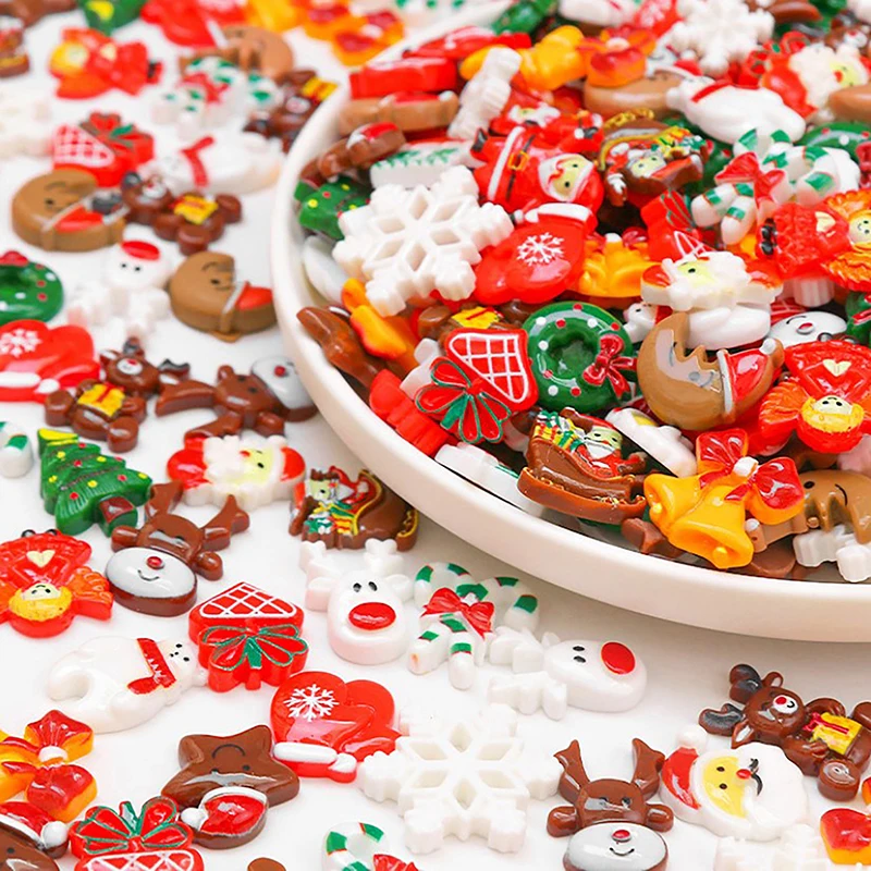 10pcs Resin Christmas Flatbacks Santa Snowman Snowflake Holly Xmas Tree Mixed Cabochons For Scrapbooking DIY Crafts Hair Jewelry