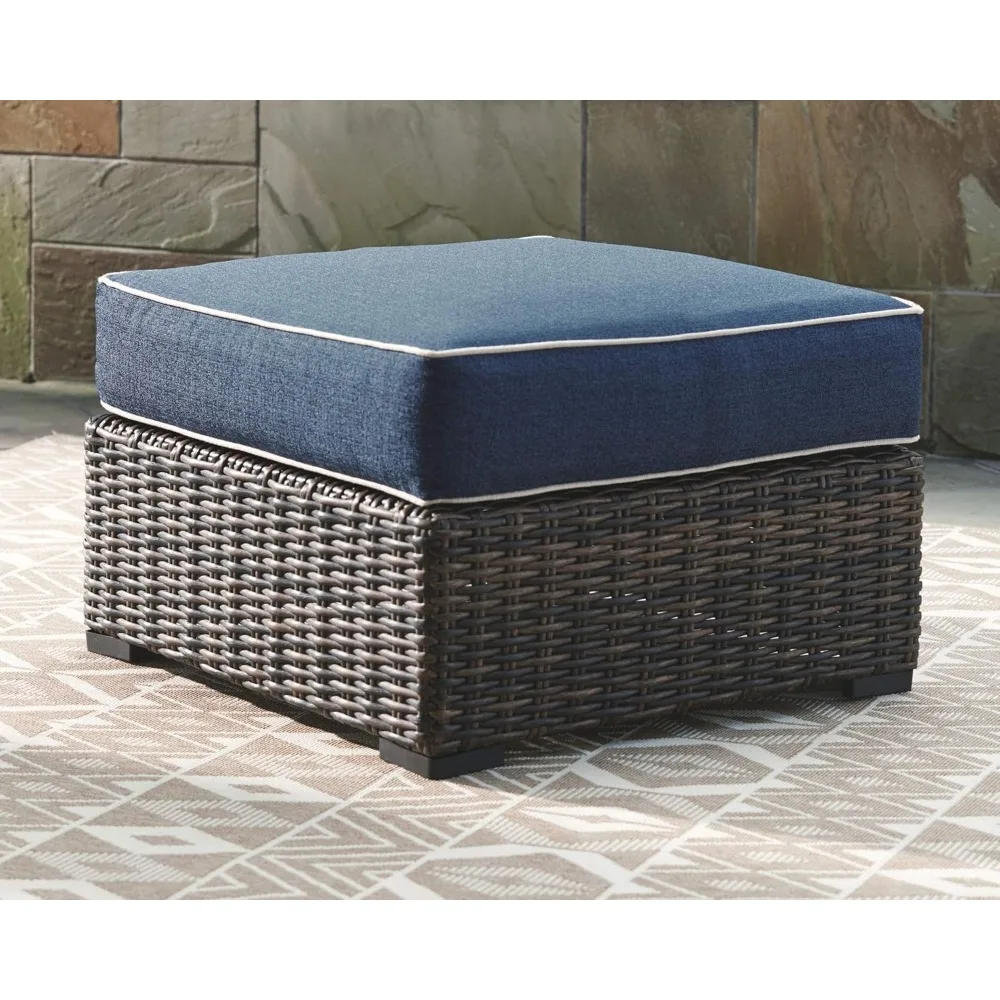 Grasson Lane Outdoor Patio Upholstered Ottoman with Wicker Base, Blue