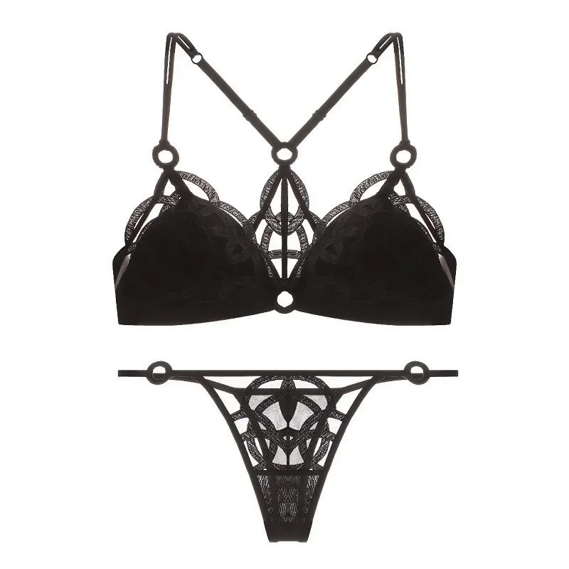 

French Sexy Beautiful Back Lingerie Set for Women Thin Mesh Embroidery Wire Free Underwear Bra Suit Female Solid Lace Briefs
