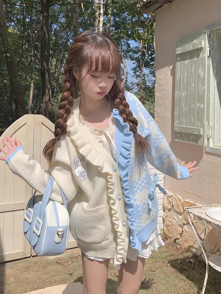 

Японский высококачественный клетчатый лоскутный кардиган с грибковыми краями, милый свободный свитер с вышивкой, женский осенне-зимний топ