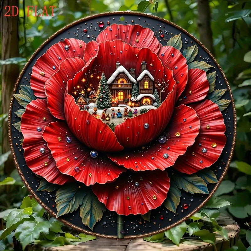 

[2D Плоский] 8-дюймовый рождественский декор: яркий цветочный узор с красными розами на круглой алюминиевой табличке | 1 шт., Идеально