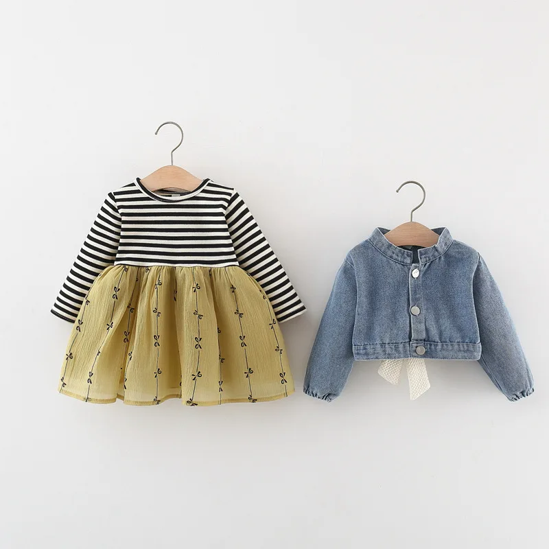 Baby Princess Dress Child Girl Autumn Suit Girl Jeans Coat + Mesh Stripe Print Dresses Two Piece Toddler Infant Clothes Set image 5