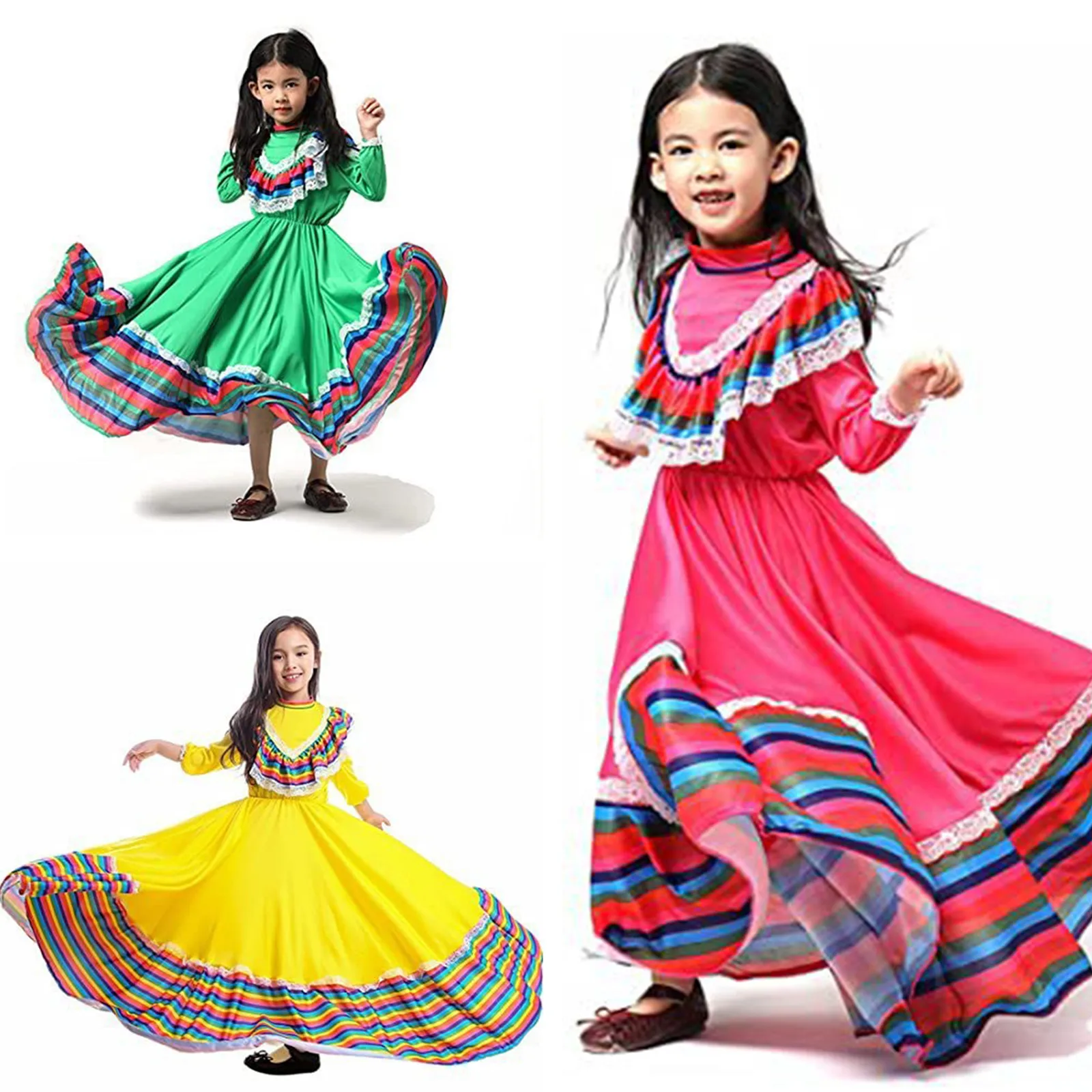 Mexican Girls Folk Dance Costumes Traditional Guadalajara Dancer Dress For Kids Halloween Carnival Performance 3 Colors