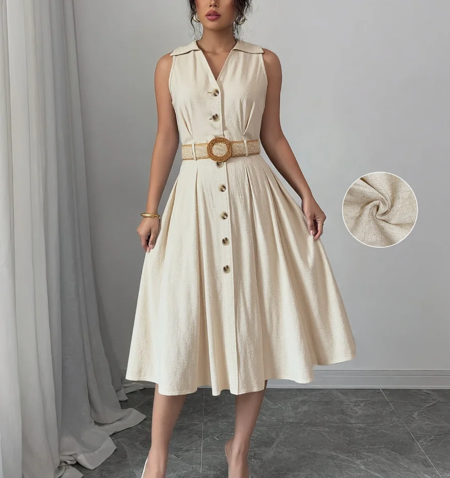 

Summer New Elegant Intellectual Casual Style Solid Simple Linen Fabric Comfortable V-Neck Button Front Waistband Women's Dress