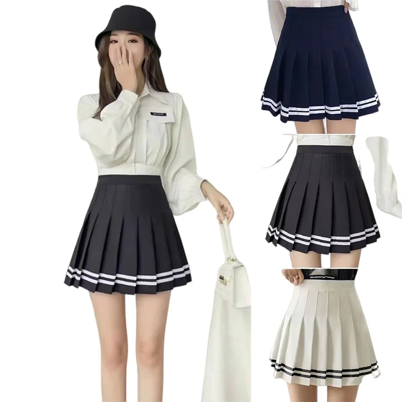 Damen Hochgeschnittener Plissierter Minirock A-Linie Gestreifter Saum Preppy-Stil Sommer Tennis JK Uniform – Detail 12