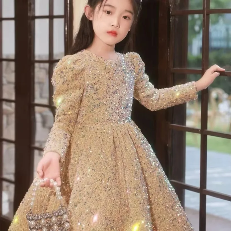 

2025 Flower Girls Dress Golden Wedding Birthday Sequin Lace First Communion Dresses for Girls Baptism 2-12 Yrs Party Vestidos