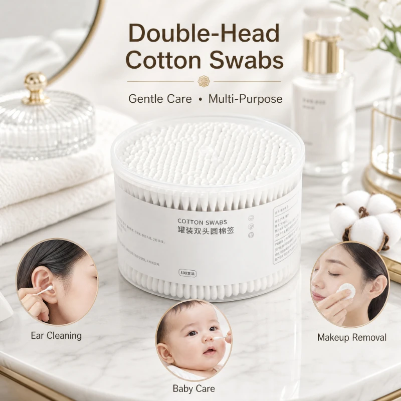 

About 500PCS Disposable Cotton Swab Box With Double End Round Head For Makeup Removal Daily Cleaning Pet Care Multi-purpose
