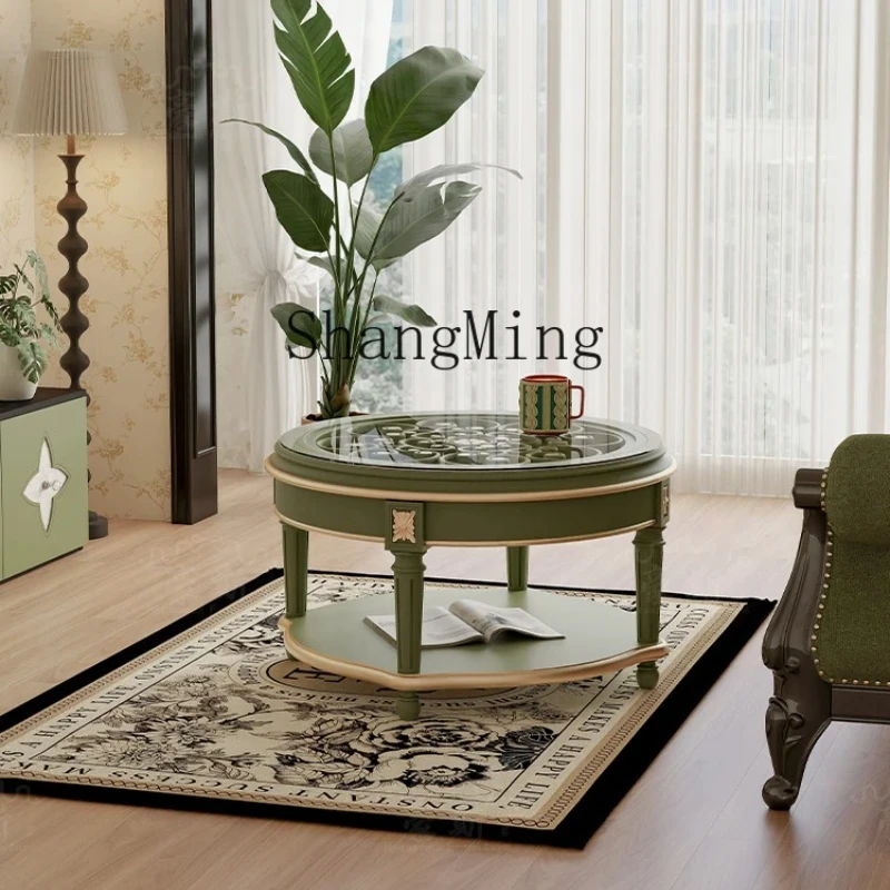 

SM new round coffee table solid wood glass tea table simple living room household sofa edge round low table