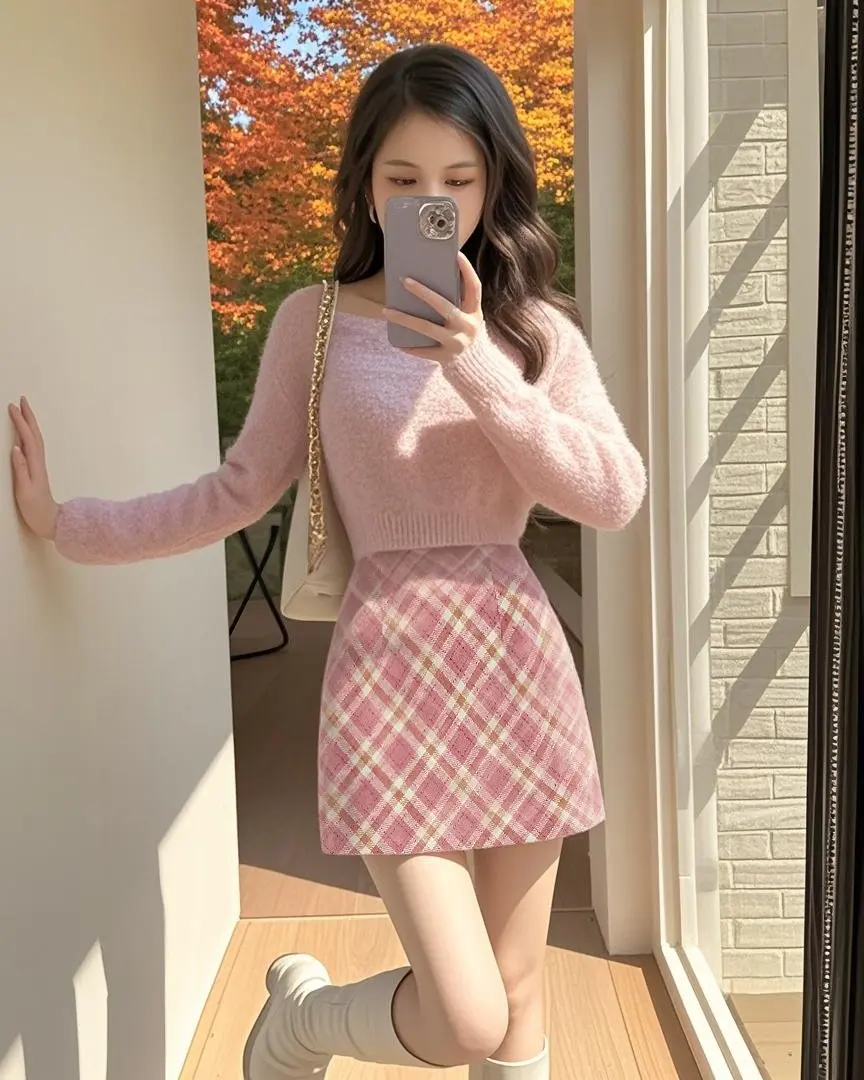 Herfst Winter Roze Geruite Wollen Korte A-lijn Rok Voor Vrouwen Hoge Taille Slanke Retro Zoete Potlood Mini Rokken Dame