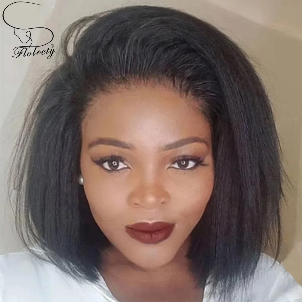 

Kinky Straight Bob Wigs Human Hair 13x4 HD Lace Frontal Brazilian Human hair Glueless Wigs Yaki Straight Bob Wig For Women
