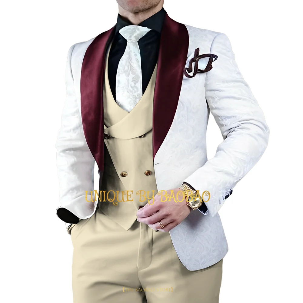 Men\'s printed 3-piece set (jacket+vest+pants) burgundy shawl lapel jacquard blazer wedding groom date ball party custom tuxedo