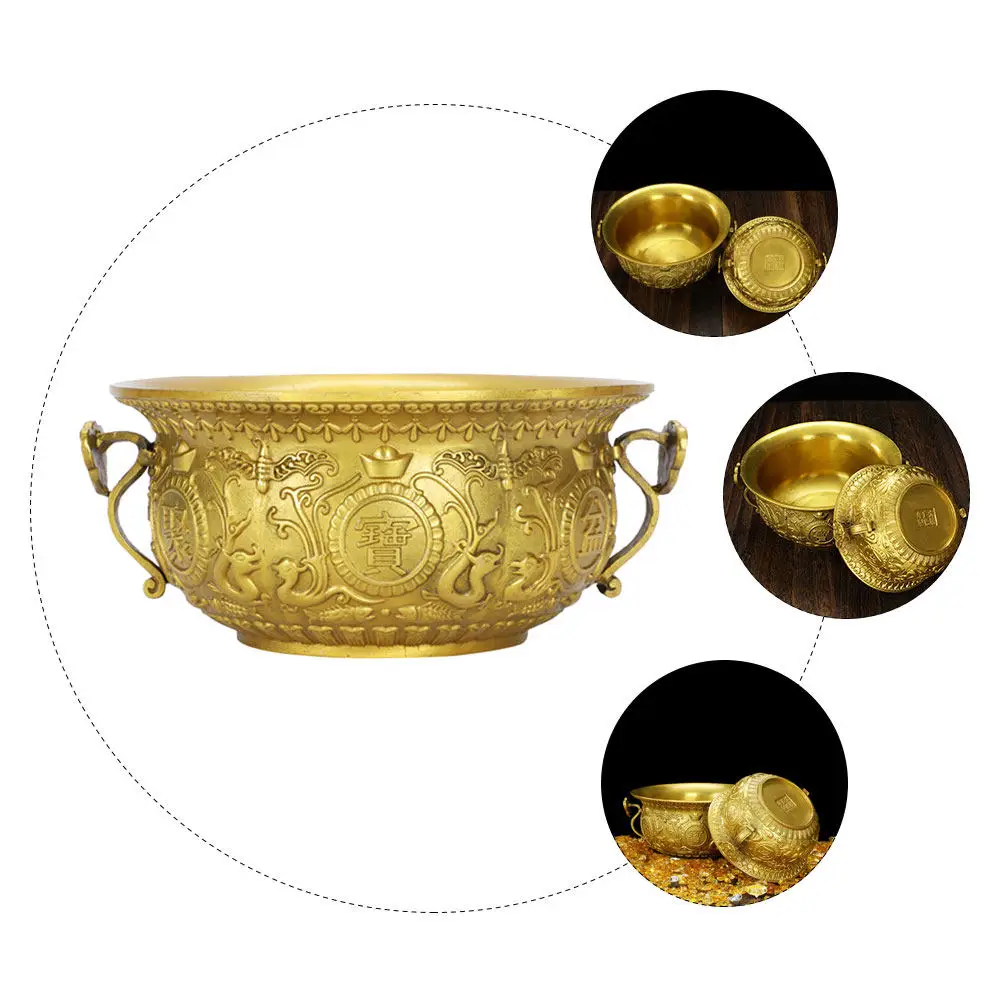 1Pcs Creative Cornucopia Treasure Bowl Brass Decoration Exquisite Carved Fish Birds Beasts Double Ear Handle Fortune Ornament