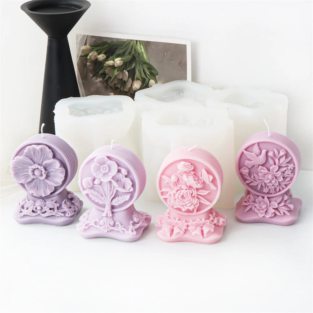 Relief Flower Platform Silicone Candle Mold Round Rose With Birds Scented Plaster Molds DIY Aromatherapy Candle Making Tools