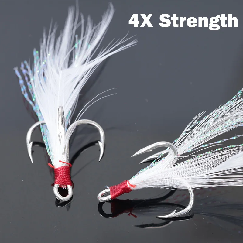 OUTKIT 10pcs Lure Treble Hooks 4X Strength With Feather Tackle Fishing Hook Stronger Carbon Steel Barbed Fishhooks Pesca