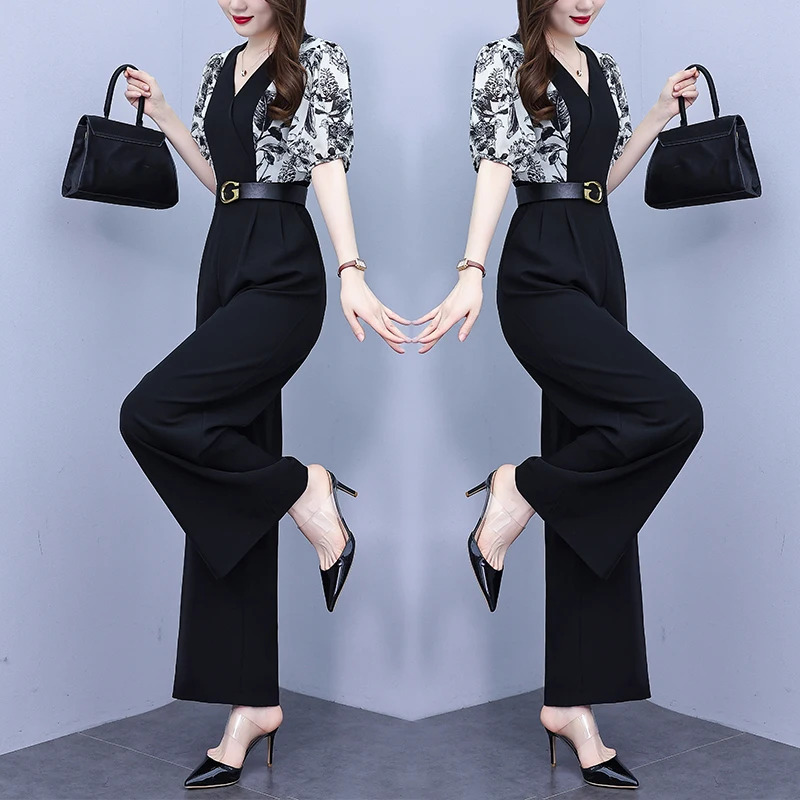 Real Photo 2025 Summer New Printed Chiffon Spliced Wide Leg Jumpsuit Slim Fit Bandage High Waist Jumpsuits Female