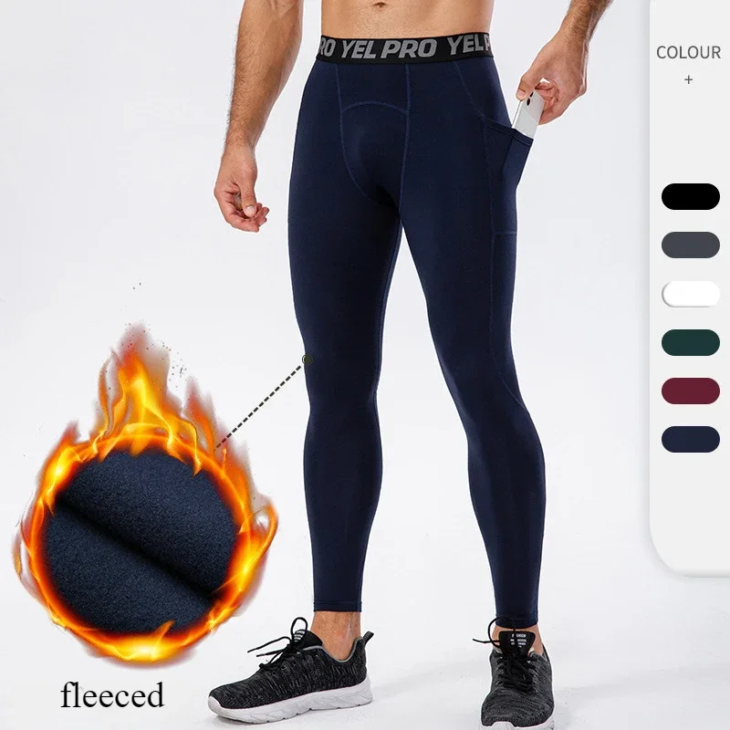 

Tights Sport Man Compression Pants Fitness Fleece Training Pants with Pockets Running Workout Gym Sport Leggings Men Sports Wear