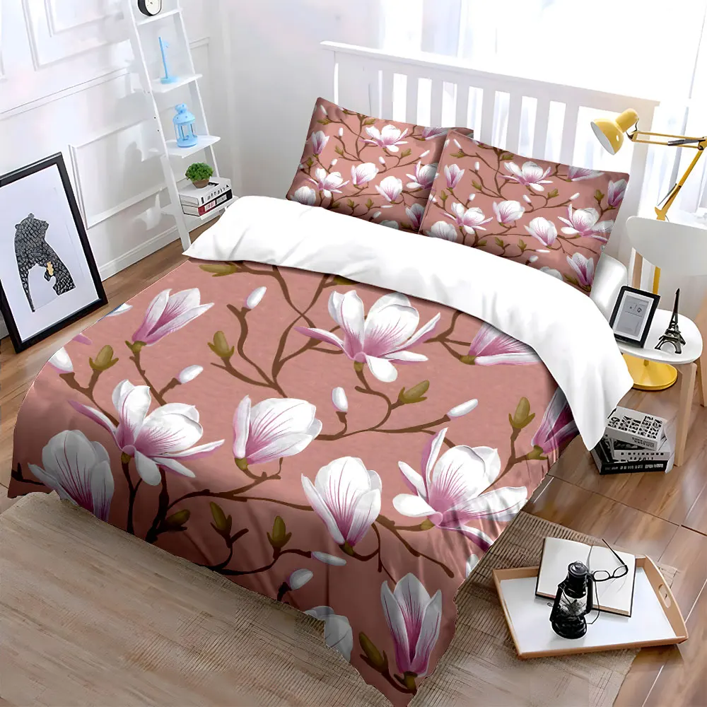 Elegant White Magnolia Pattern Duvet Cover Set Digital Print Colorful Polyester Bedding with Zipper Closur for kids gifts 2