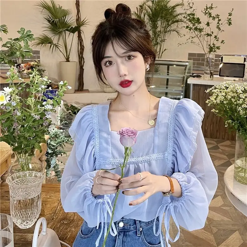 

2023 Spring and Autumn New Women Shirt Thin Solid Color Shirt Ruffle Long Sleeve Y2K Tops Casual Loose Sweet Blouse Female