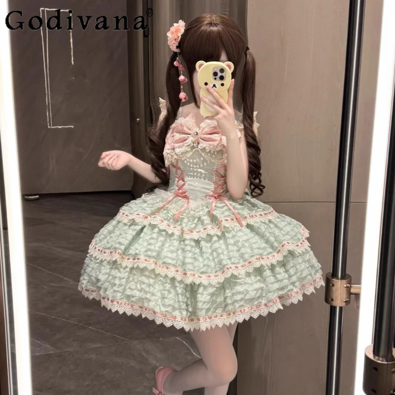 

Japanese Sweet Lolita Dresses JSK Summer New Girl's Cute Bow Pearl Chain Sleeveless Mini Dress Women Birthday Dress Vestidos