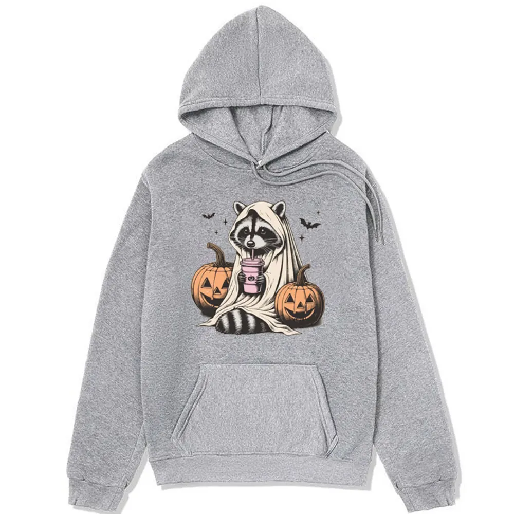 Funny Halloween Sweatshirt Cute Raccoon Ghost Hoodies Men Retro Spooky Season Gift Pumpkin Fall Oversized Hooded Pullover Y2k