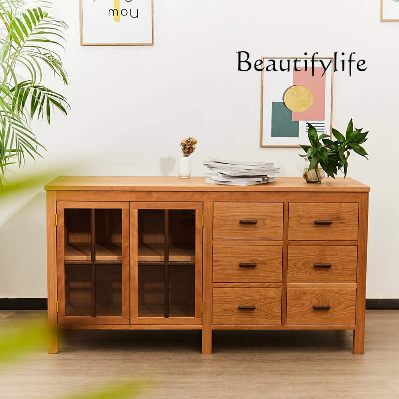 American-Style Simple Retro Sideboard Cabinet Living Room and Kitchen Modern Chinese Cherrywood Storage Cabinet