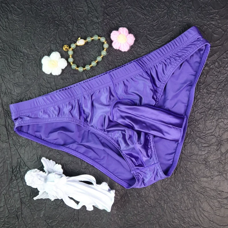 Men Sexy Glossy Ice Silk Satin Triangle Briefs, Low Waist Tight Pack Hip Underpants, Silky Smooth Open Design Daily Wear Panties view 5
