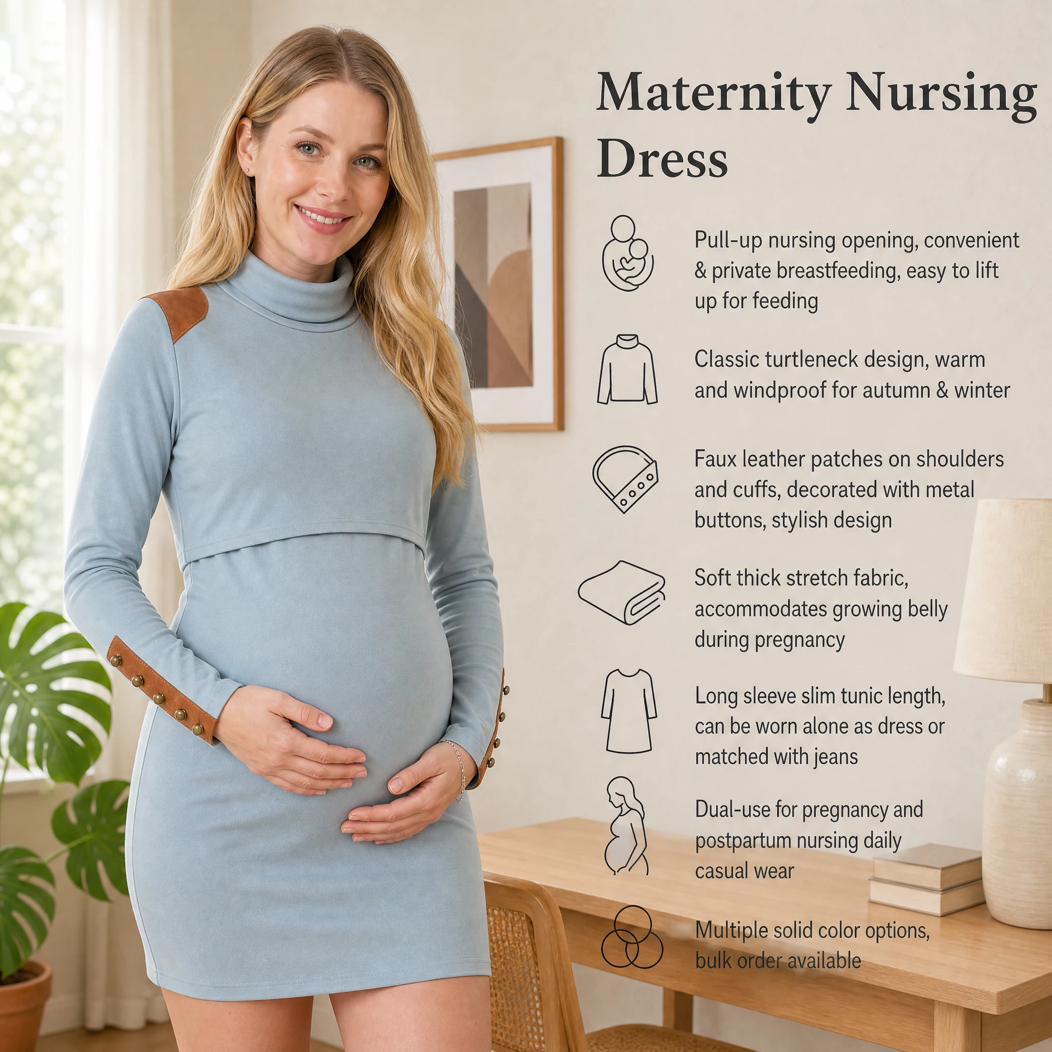 Turtleneck Long Sleeve Maternity Nursing Dress Pull-Up Nursing Opening Faux Leather Decor Slim Breastfeeding Dress