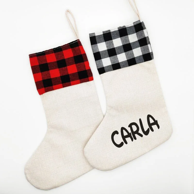 Personalized Linen Material Heat Transfer Printing Christmas Socks With Small Embroidered Ball Blank Heat Sublimation Socks