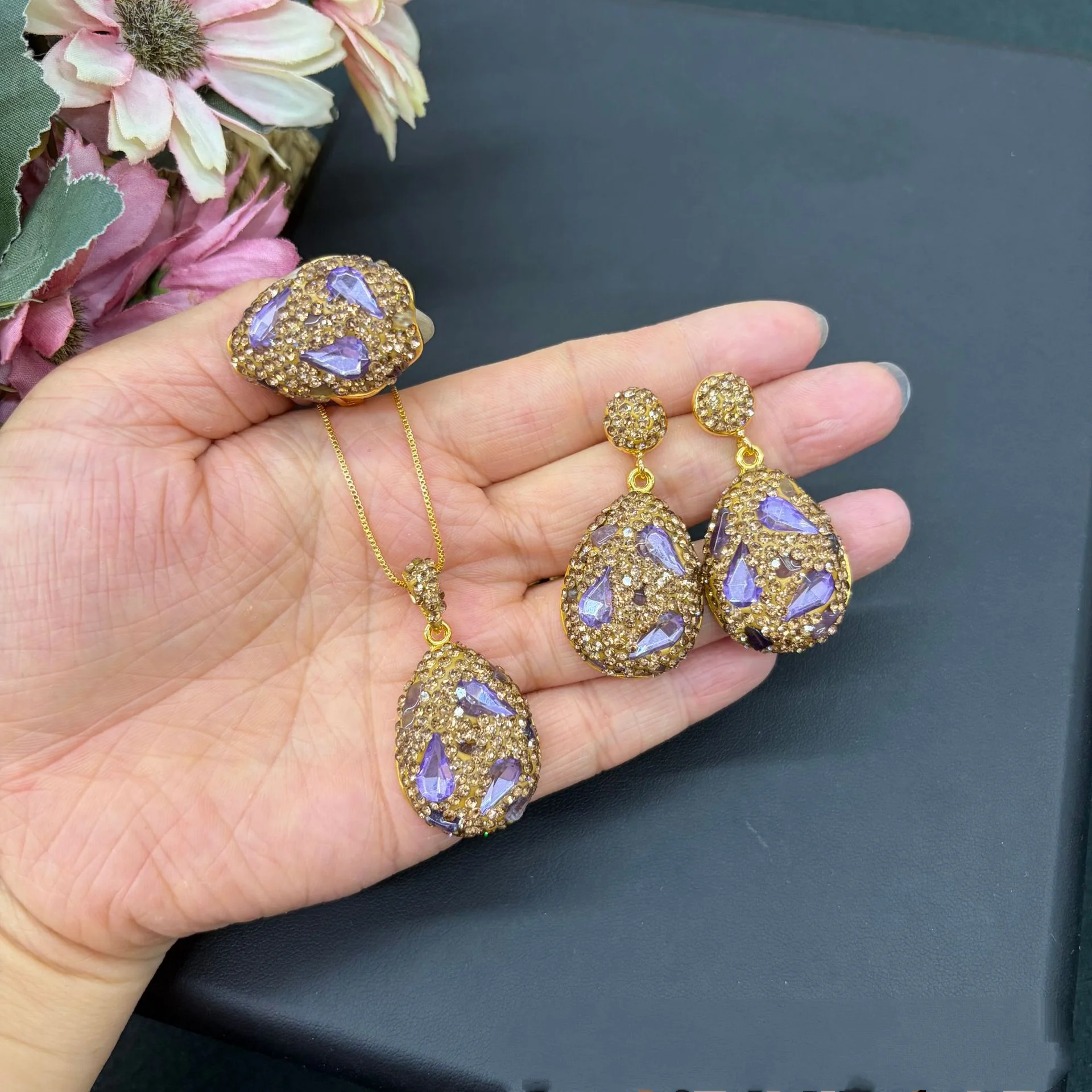 Water Drop Crystal Jewelry Set Inlaid Chip Zircon Necklace Ring Earrings 3Pcs Elegant Women Party Accessory Statement Gift