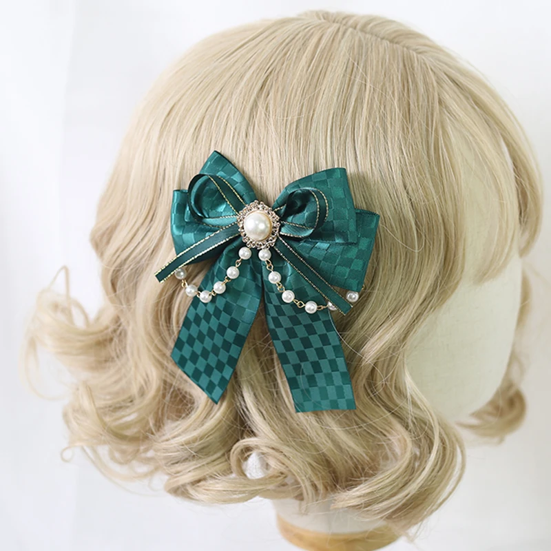 Lolita Hand Made Ribbon Bow Pearl Necklace Headwear Bow Hairpins Quadratic Element Women Brooch Cosplay Hairpin