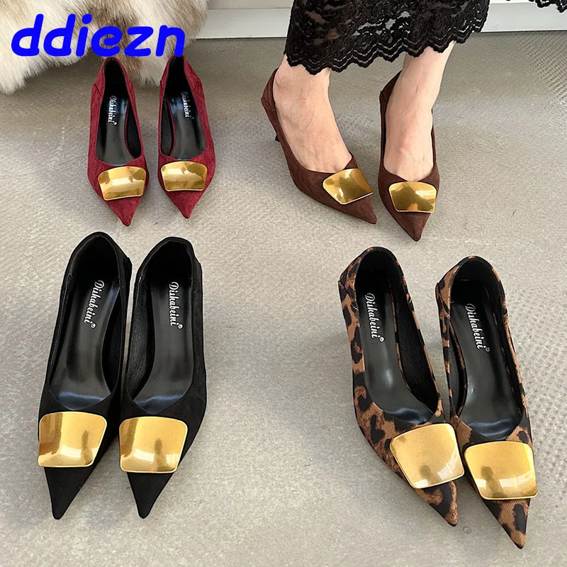 Pointed Toe Shallow Ladies Thin Heels Pumps Shoes Slides Fashion Metal Elegant Women Heeled Shoes Female Slip On Footwear