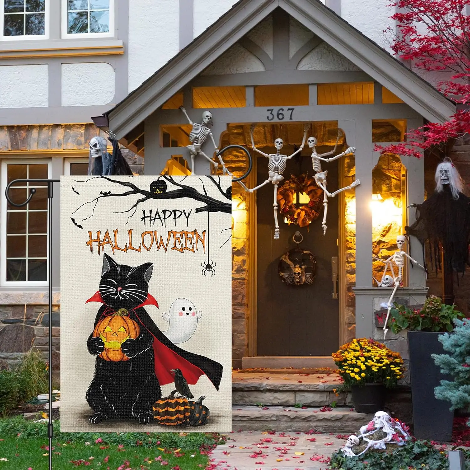 Halloween Vampire Black Cat Garden Flag 12x18 Double Sided, Burlap Small Welcome Halloween Spooky Pumpkin Yard House Flags