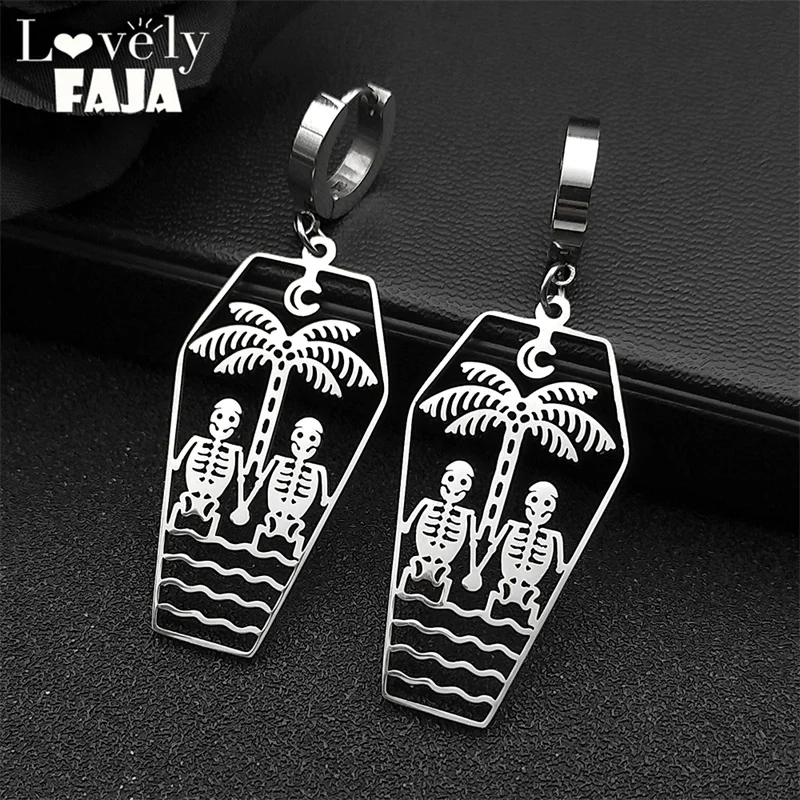 

Dark Punk Coffin Skull Hand In Hand Hoop Earings For Women Men Stainless Steel Seaside Coconut Tree Moon Earring Couple Jewelry