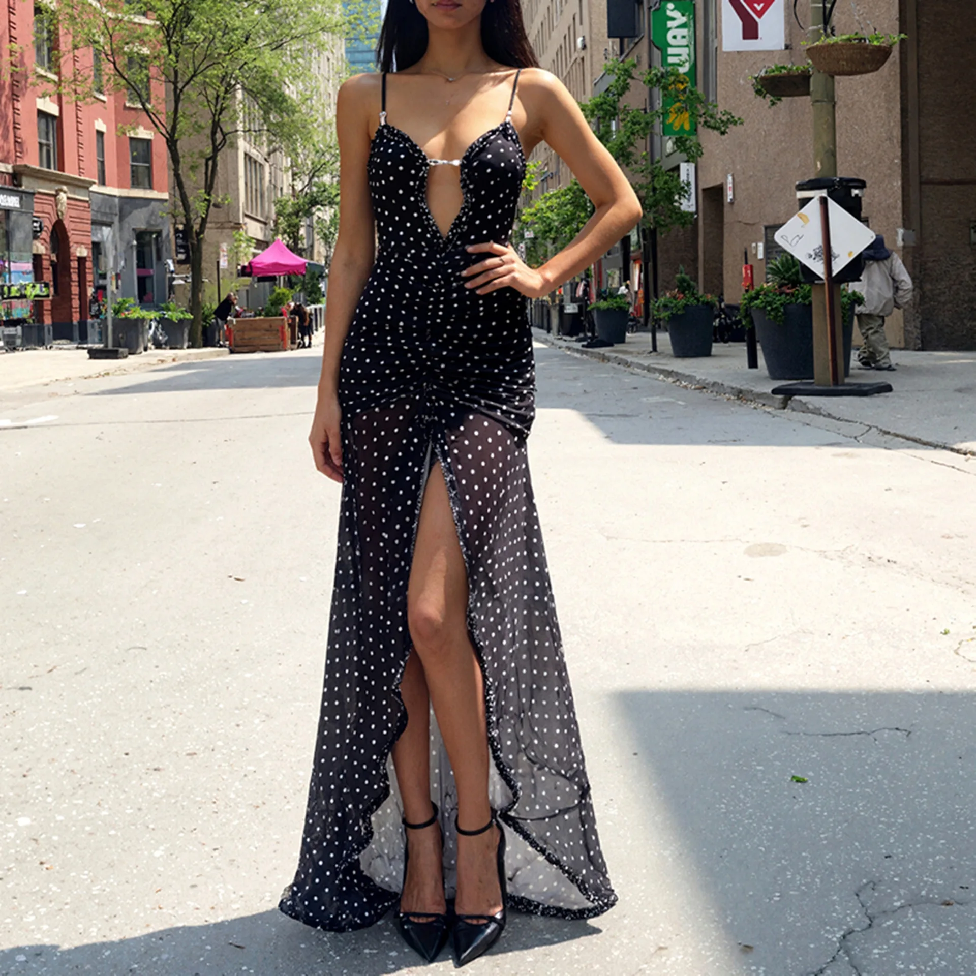 DSMTRC Summer Boho Holiday Vestidoes Polka Dot Print Split Ruched Dress for Women Sexy V Neck Backless Slip Mesh Dresses Clothes