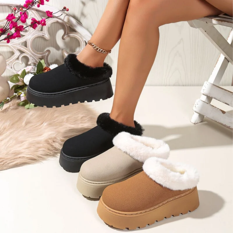 

2025 Winter New Korean Fashion Platform Style Snow Boots for Women Faux Fur Collar Platform Slip On Lightweight House Shoes