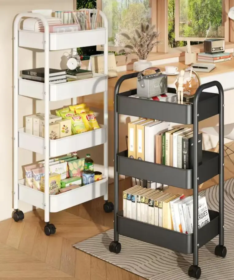 

Multifunctional Kitchen Cart with Wheels Storage Rack Household Mobile Trolley with Organizers and Bookshelf Foldable Kitchen