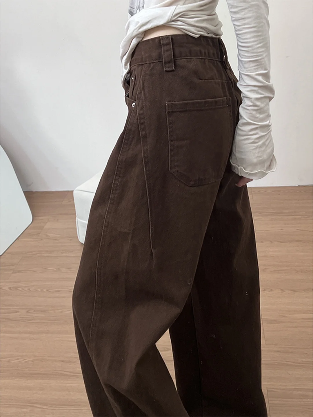 

Retro American Coffee Color Splicing Wide Leg Jeans Women's Autumn Winter New Style Fleece Lined Loose Comfortable Floor Leng...
