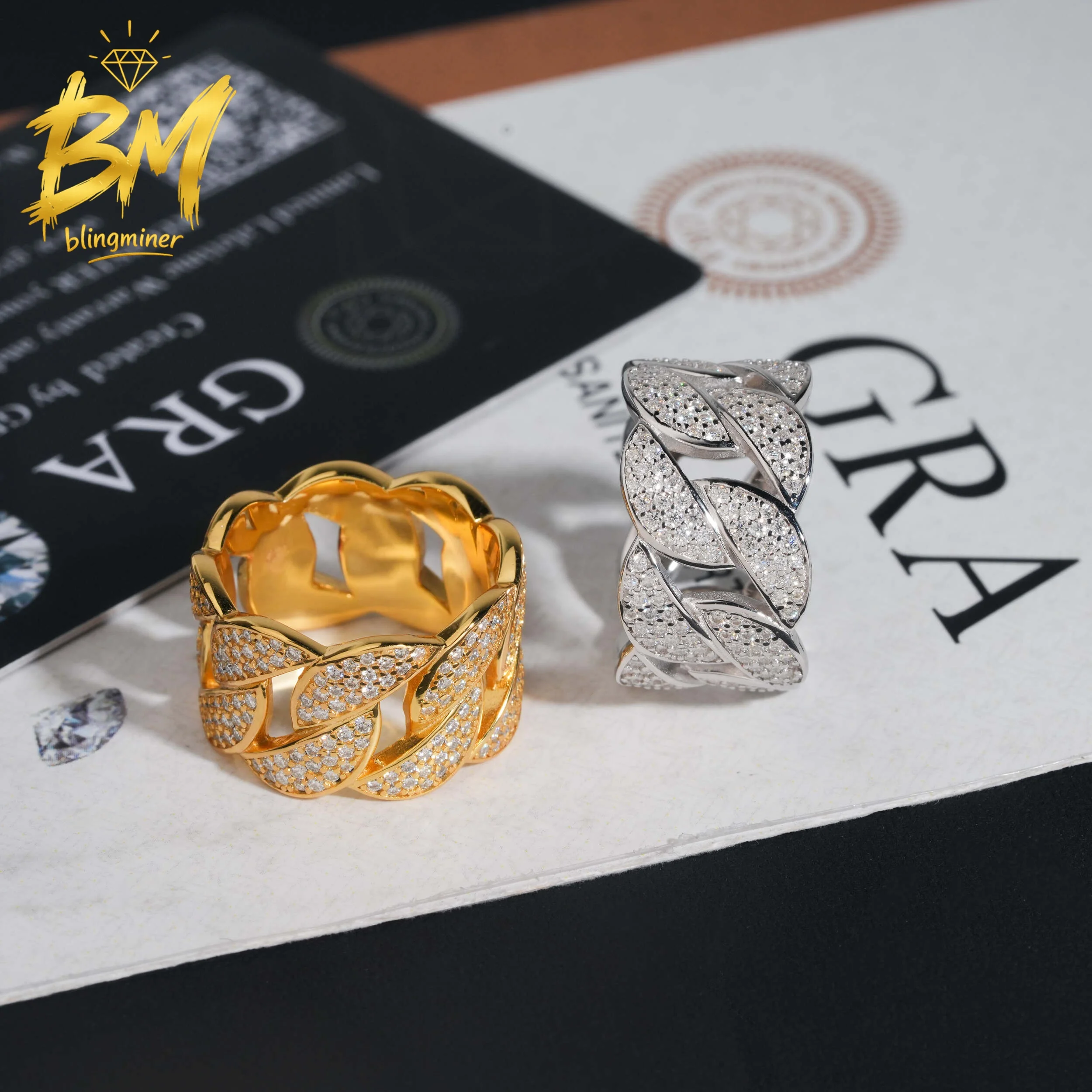 Blingminer Iced Out Cuban VVS Moissanite Rings For Men Women S925 Silver Finger Jewelry Pass Diamonds Tester Free Shipping